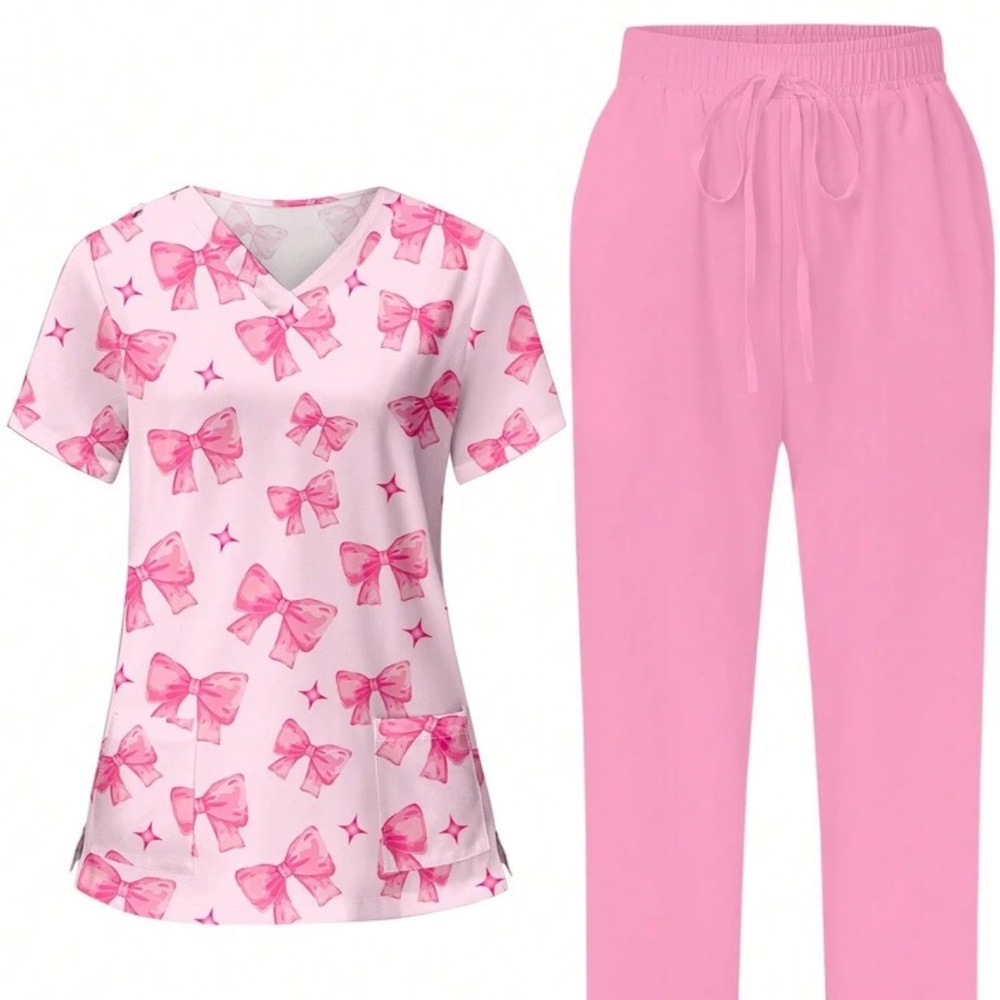 Pink Bow Pattern Lounge/Scrubs Set